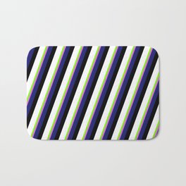 [ Thumbnail: Eyecatching Chartreuse, Orchid, Midnight Blue, Black, and White Colored Lines/Stripes Pattern Bath Mat ]