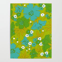 Green, Turquoise, and White Retro Flower Design Pattern Poster