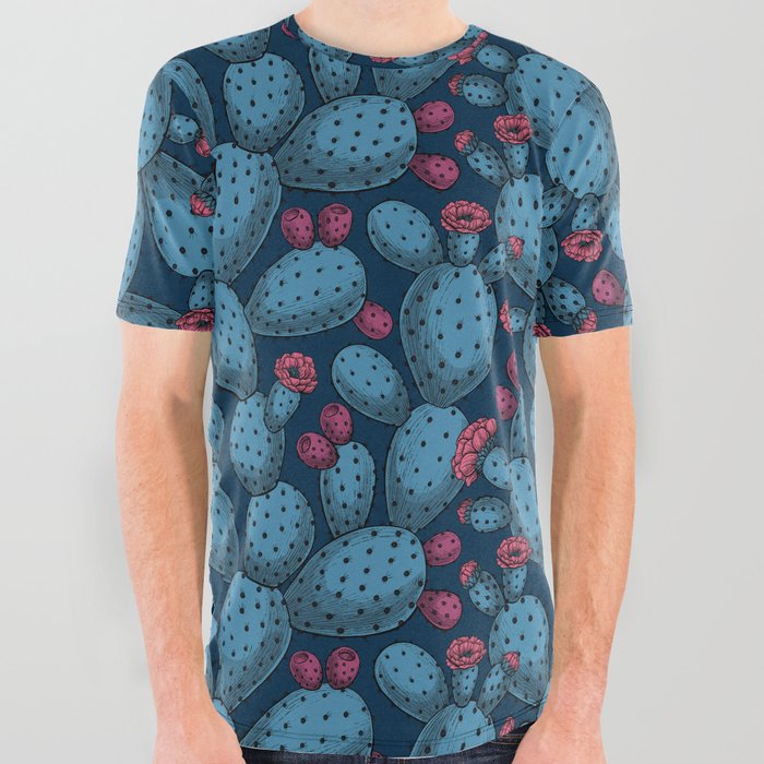 Flowering opuntia in blue and magenta All Over Graphic Tee
