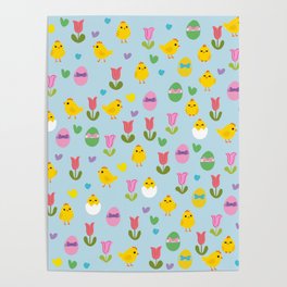 Easter - chick and tulips pattern Poster