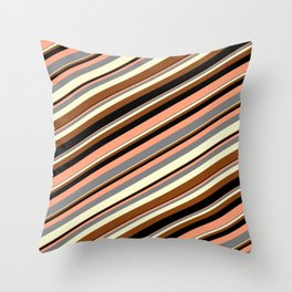 [ Thumbnail: Colorful Light Salmon, Grey, Light Yellow, Brown, and Black Colored Stripes Pattern Throw Pillow ]