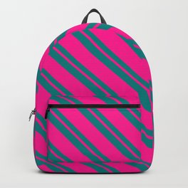 [ Thumbnail: Deep Pink & Teal Colored Lined/Striped Pattern Backpack ]