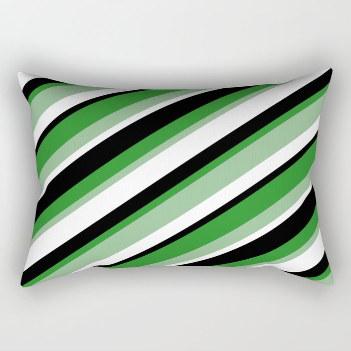 Forest Green, Dark Sea Green, White & Black Colored Striped Pattern Rectangular Pillow