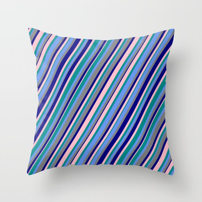 Dark Cyan, Cornflower Blue, Grey, Blue & Pink Colored Stripes/Lines Pattern Throw Pillow