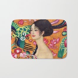 Lady with a fan with lotus flowers and red poppies portrait panting by Gustav Klimt Bath Mat | Red, Woman, Spain, Poppies, Seville, Flowers, Lotusflower, Fan, Hawaii, Garden 