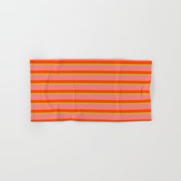 [ Thumbnail: Light Coral, Red, and Goldenrod Stripes Pattern Hand & Bath Towel ]
