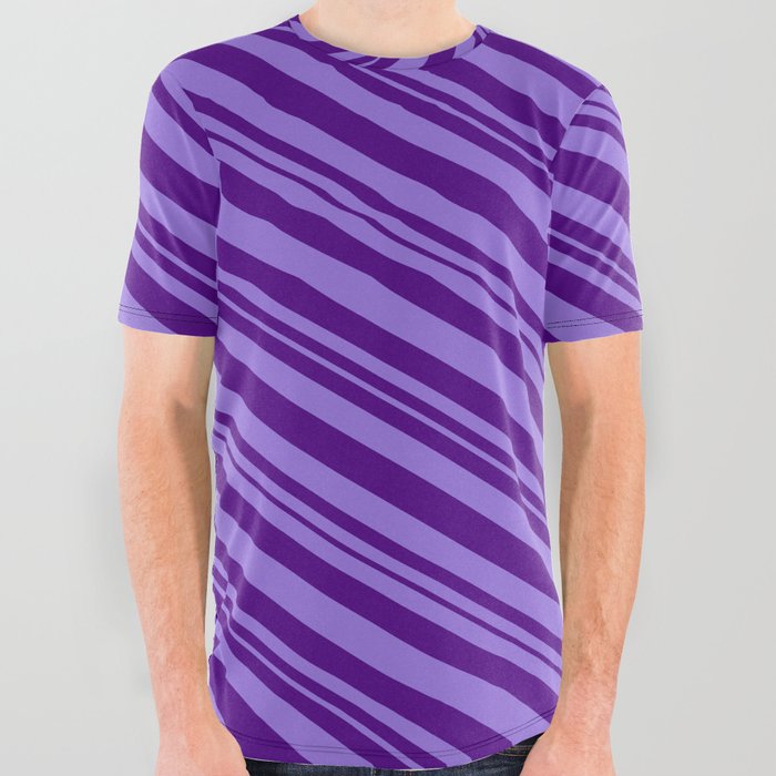 Purple and Indigo Colored Lined/Striped Pattern All Over Graphic Tee