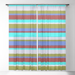 [ Thumbnail: Colorful Green, Royal Blue, Dark Red, Cyan & Lavender Colored Lined Pattern Sheer Curtain ]