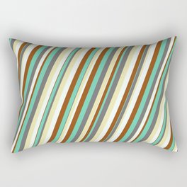 [ Thumbnail: Vibrant Aquamarine, Dim Grey, Pale Goldenrod, Mint Cream, and Brown Colored Lined Pattern Rectangular Pillow ]