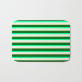 [ Thumbnail: Beige, Dark Green & Green Colored Pattern of Stripes Bath Mat ]