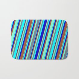 [ Thumbnail: Colorful Aquamarine, Slate Gray, Cyan, Blue & Sienna Colored Striped/Lined Pattern Bath Mat ]