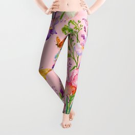 Iris and Butterfly Floral Pattern in Lilac and Pastel Pink Leggings