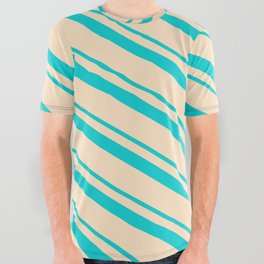 [ Thumbnail: Dark Turquoise & Bisque Colored Stripes Pattern All Over Graphic Tee ]