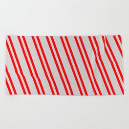 [ Thumbnail: Light Gray and Red Colored Striped Pattern Beach Towel ]