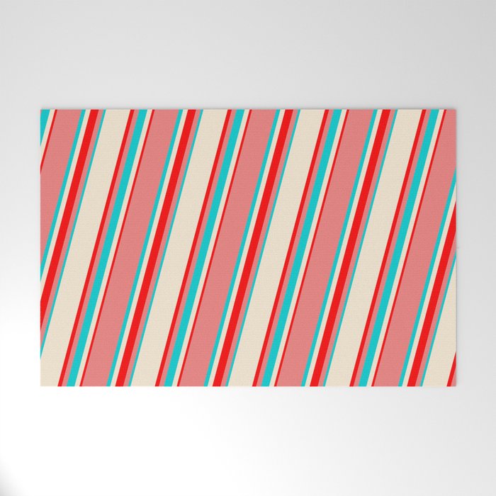 Light Coral, Dark Turquoise, Beige & Red Colored Lines/Stripes Pattern Welcome Mat