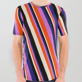 [ Thumbnail: Vibrant Midnight Blue, Orchid, Red, Beige & Black Colored Striped/Lined Pattern All Over Graphic Tee ]