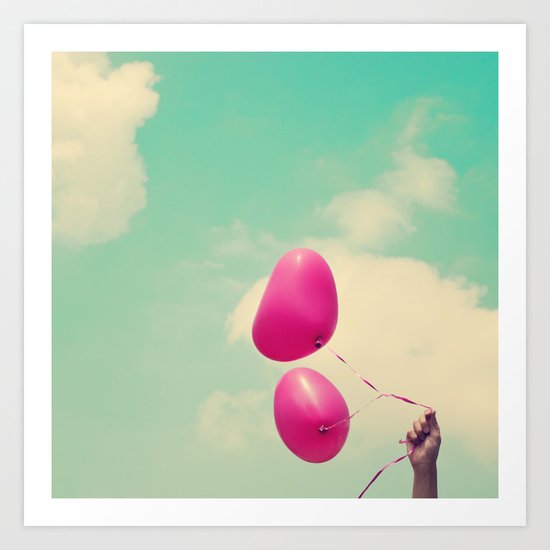 Free Love, Pink Heart Baloons on Retro Green Sky Art Print