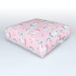 Cute Fairy Tale Unicorns and Rainbows – Pastel Pink and Blue Outdoor Floor Cushion