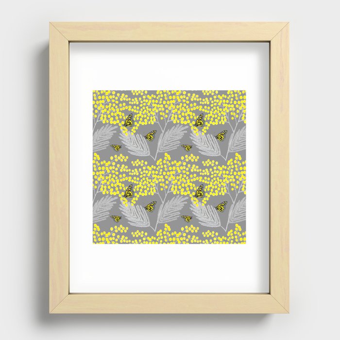 Mimosa Mimoza spring yellow flowers and Monarch butterflies, yellow and gray floral botanical Recessed Framed Print