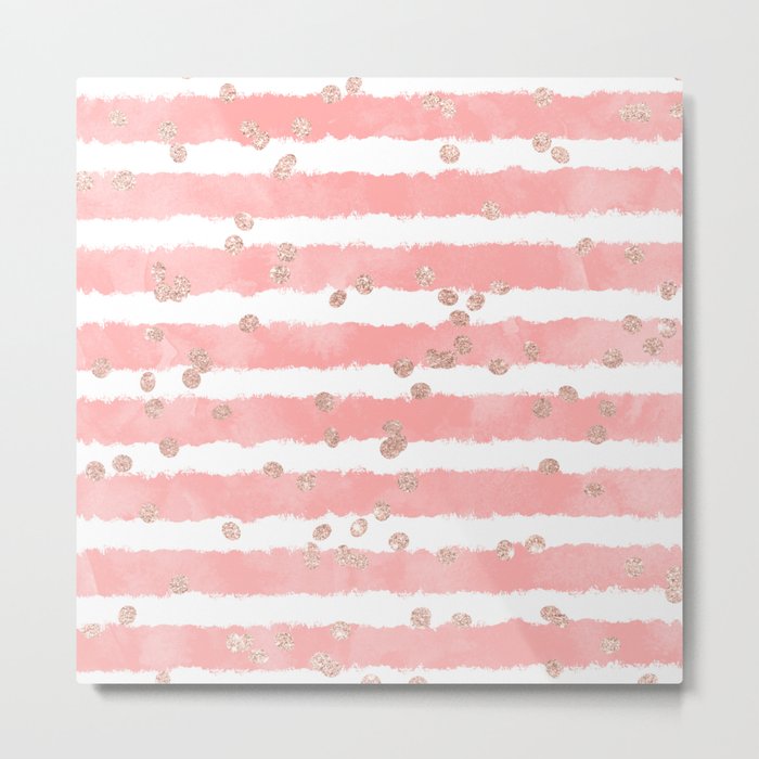 Rose gold confetti pink blush watercolor stripes modern chic pattern Metal Print