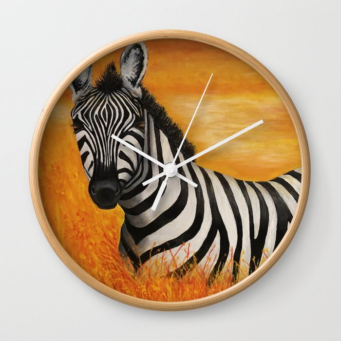 Zebra in a Field of Orange Wall Clock