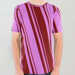 [ Thumbnail: Maroon & Violet Colored Lined Pattern All Over Graphic Tee ]