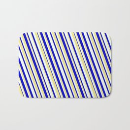 [ Thumbnail: Blue, Tan & Mint Cream Colored Lined Pattern Bath Mat ]