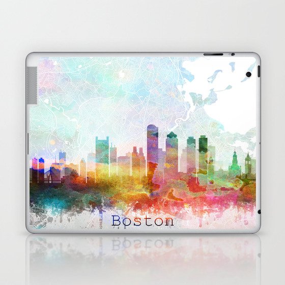 Boston Skyline & Map Watercolor, Print by Zouzounio Art Laptop & iPad Skin