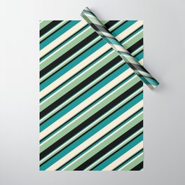 [ Thumbnail: Dark Cyan, Beige, Dark Sea Green, and Black Colored Lines/Stripes Pattern Wrapping Paper ]
