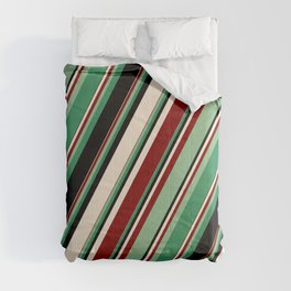 [ Thumbnail: Colorful Beige, Maroon, Dark Sea Green, Sea Green, and Black Colored Striped Pattern Comforter ]
