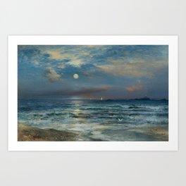 Moonlit Seascape with moon waves by beach Huge Oil painting Thomas Moran 