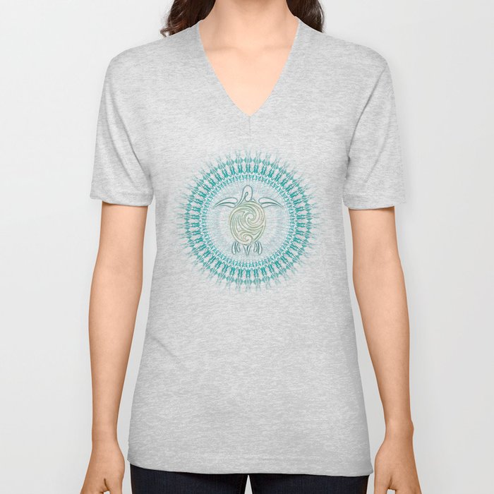 Turtle Mandala | Turquoise Green Coastal V Neck T Shirt