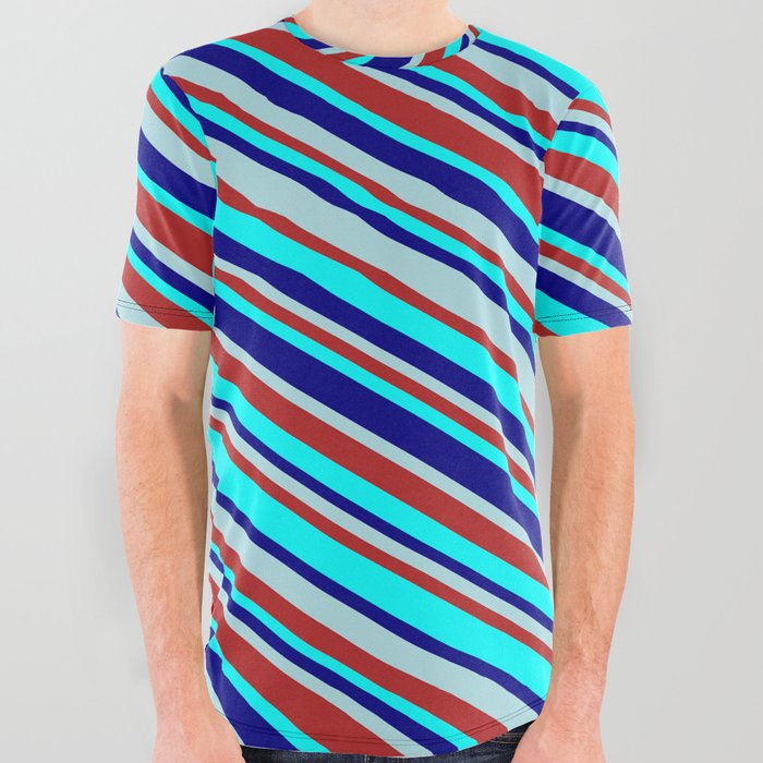 Powder Blue, Red, Aqua, and Blue Colored Lined Pattern All Over Graphic Tee