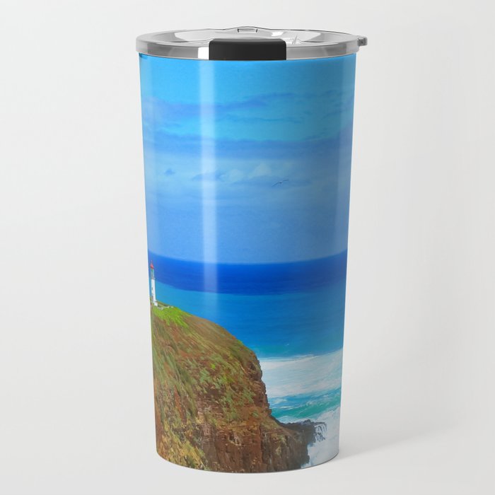 lighthouse on the green mountain with blue ocean and blue sky view at Kauai, Hawaii, USA Travel Mug