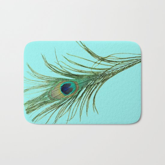 Peacock Feather on Blue Background Bath Mat