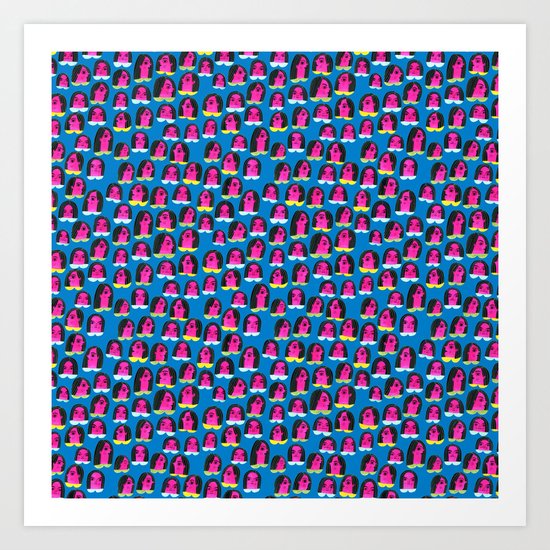 Pink Heads On Blue Art Print