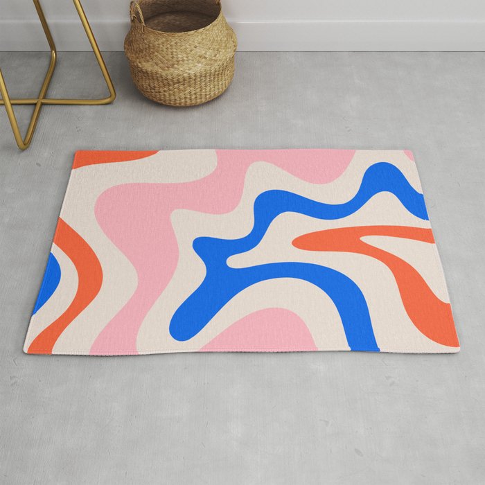 Retro Liquid Swirl Abstract Pattern Square Pink, Orange, and Royal Blue Rug