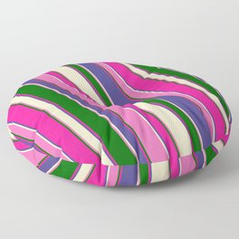 [ Thumbnail: Eye-catching Deep Pink, Dark Slate Blue, Bisque, Hot Pink, and Dark Green Colored Stripes Pattern Floor Pillow ]