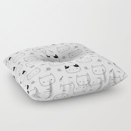 Black Doodle Kitten Faces Pattern Floor Pillow