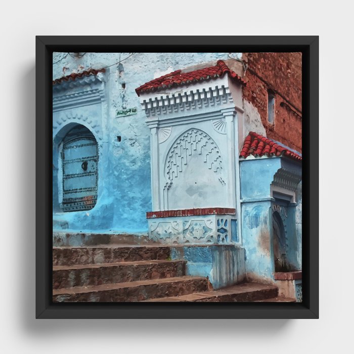 A7 - Oil Painting Blue Traditional Moroccan Doors & Buildings. Framed Canvas