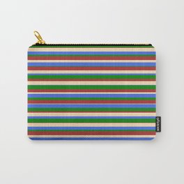 [ Thumbnail: Tan, Royal Blue, Green, and Brown Colored Stripes/Lines Pattern Carry-All Pouch ]