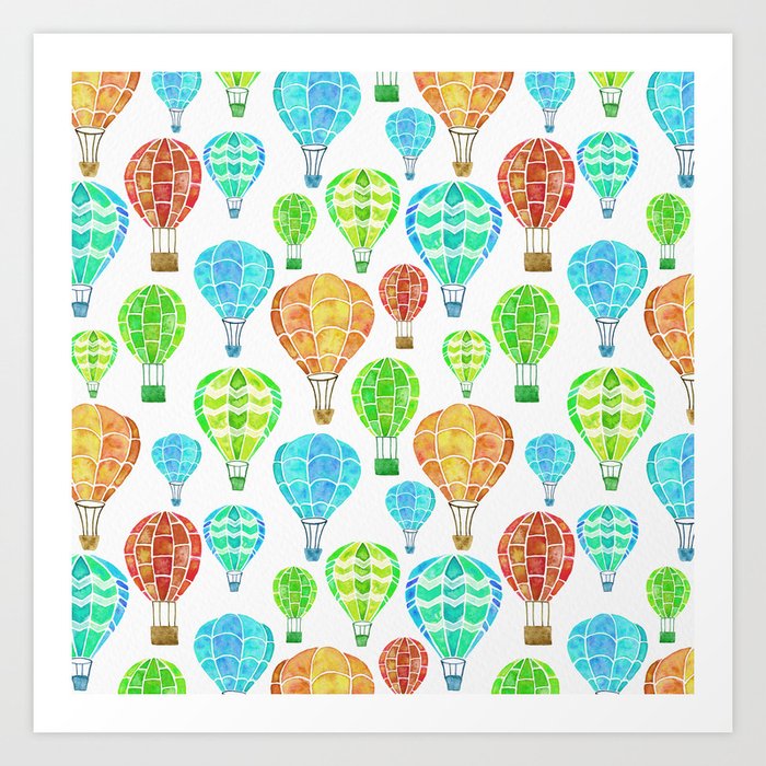 Hot Air Balloons Pattern - Green and Yellow Pallette Art Print