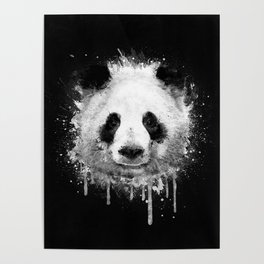 Cool Abstract Graffiti Watercolor Panda Portrait in Black & White  Poster