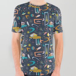 Mid Century Architecture in Space - Retro design in pastels on Navy by Cecca Designs All Over Graphic Tee