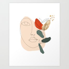 Abstract Blush Line Art Woman With Flowers Art Print