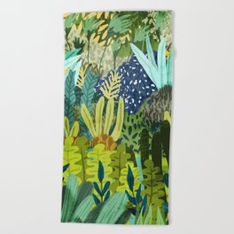 Wild Jungle Painting, Forest Dark Botanical Nature, Plants Tropical Eclectic Modern Illustration Beach Towel