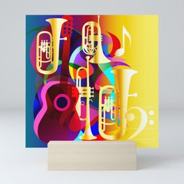 Colorful music instruments with guitar, trumpet, musical notes, bass clef and abstract decor Mini Art Print