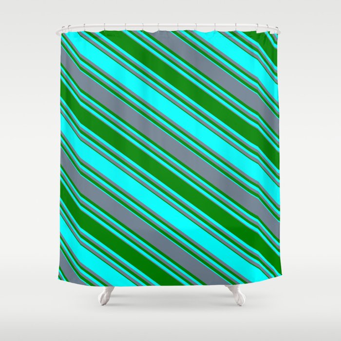 Slate Gray, Green & Cyan Colored Stripes/Lines Pattern Shower Curtain