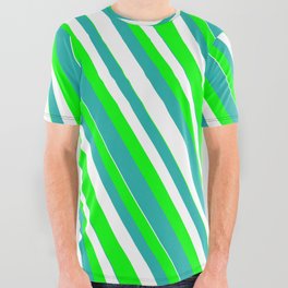[ Thumbnail: Lime, Light Sea Green & White Colored Striped/Lined Pattern All Over Graphic Tee ]