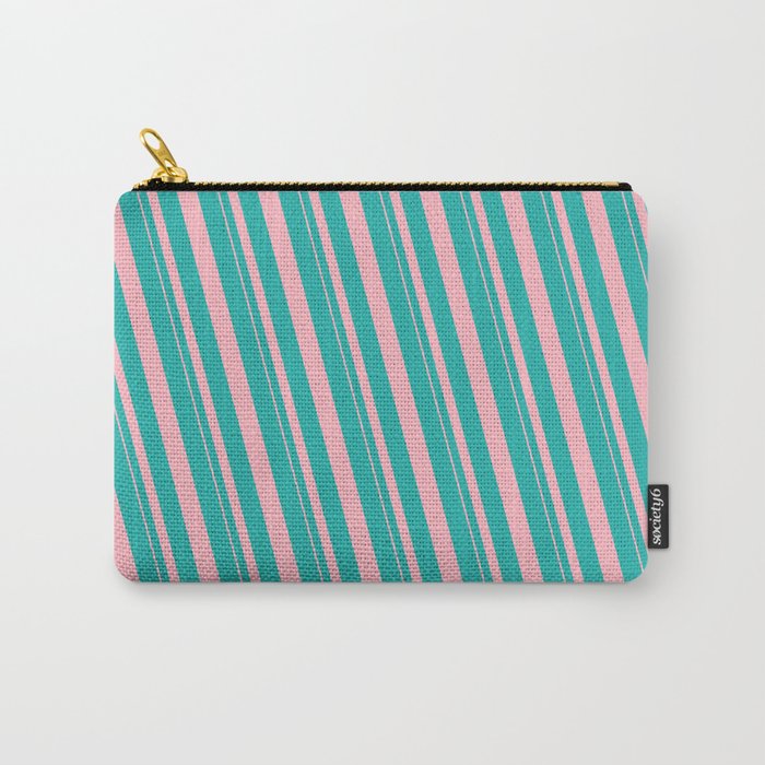 Light Sea Green and Light Pink Colored Striped/Lined Pattern Carry-All Pouch